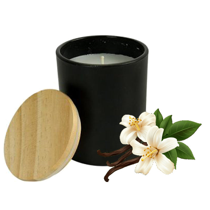 Vanilla Scented Candle in Black Matt Glass with Bamboo Lid