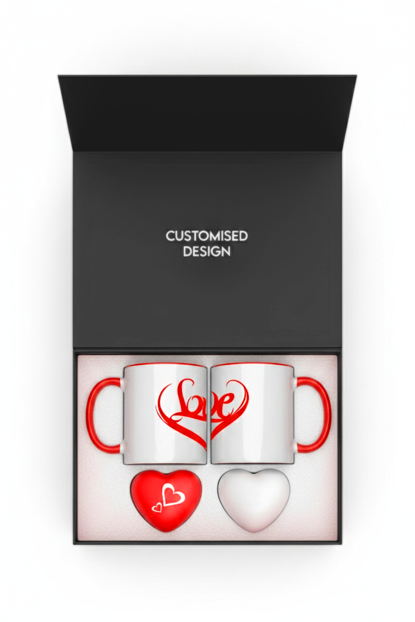 2 White Mugs and Heart-Shaped Stress Ball Set