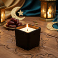 Scented Candle in Square Glass Bottle, Bamboo Lid, Oakmoss & Amber Scent