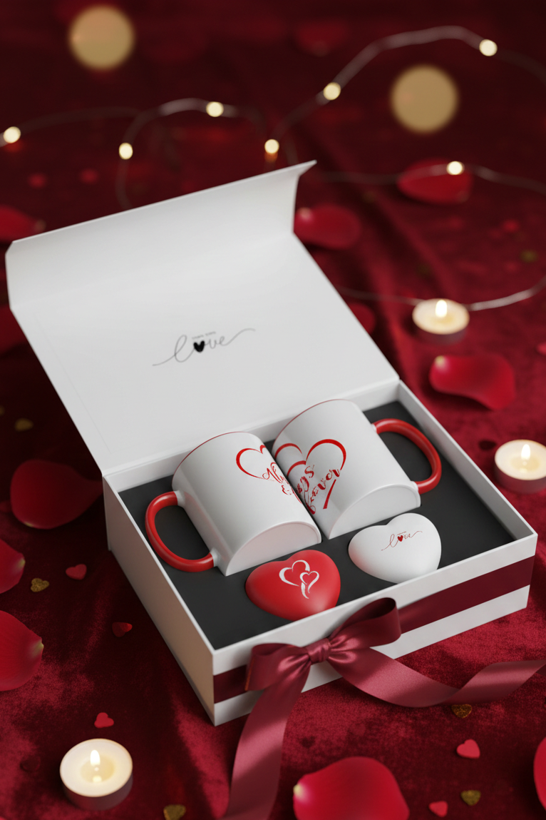 2 White Mugs and Heart-Shaped Stress Ball Set