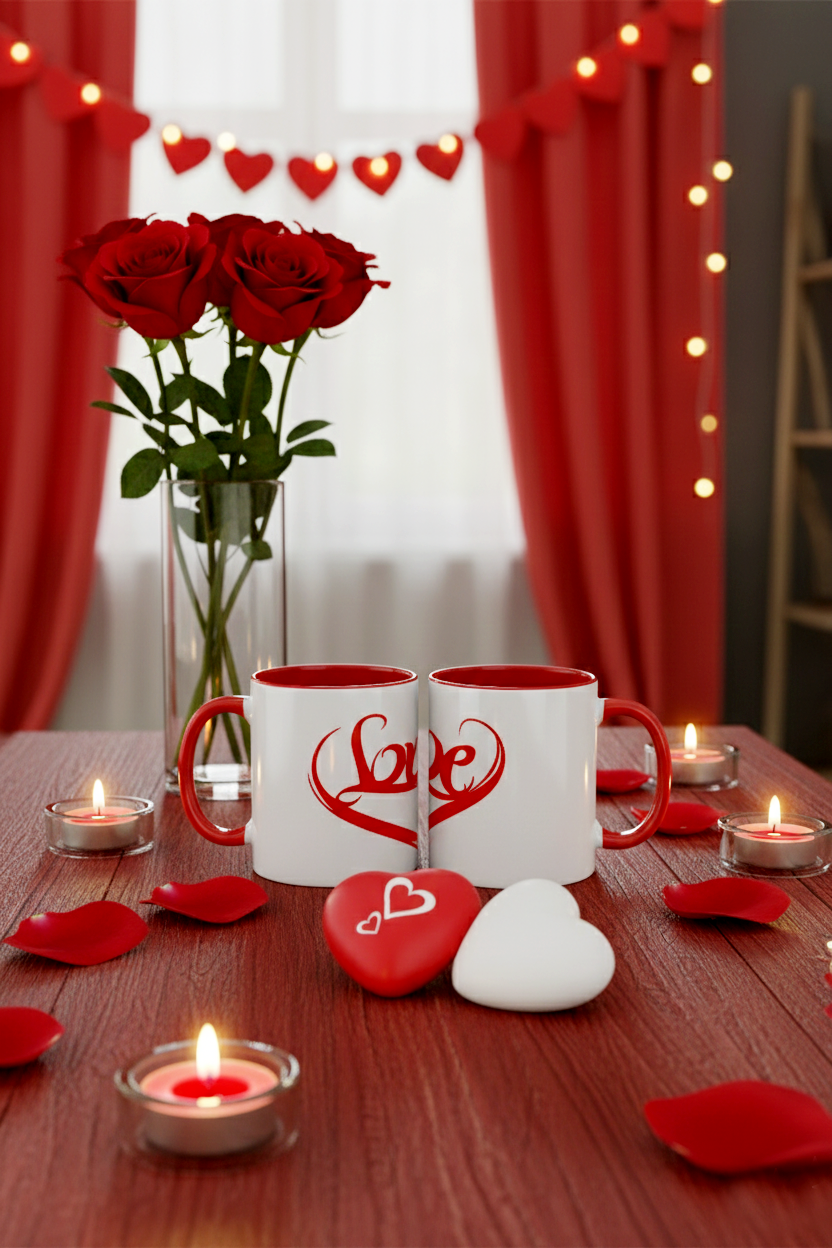 2 White Mugs and Heart-Shaped Stress Ball Set