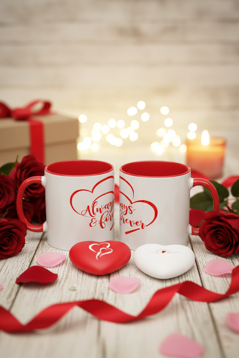 2 White Mugs and Heart-Shaped Stress Ball Set