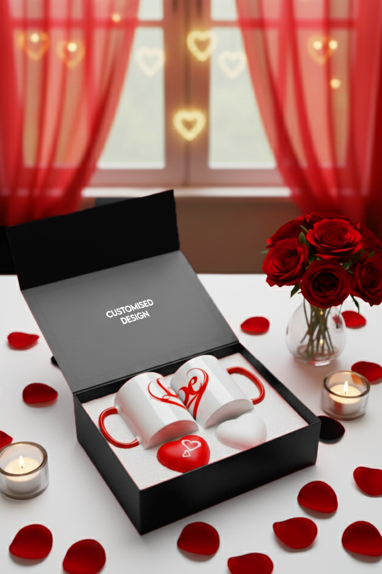 2 White Mugs and Heart-Shaped Stress Ball Set