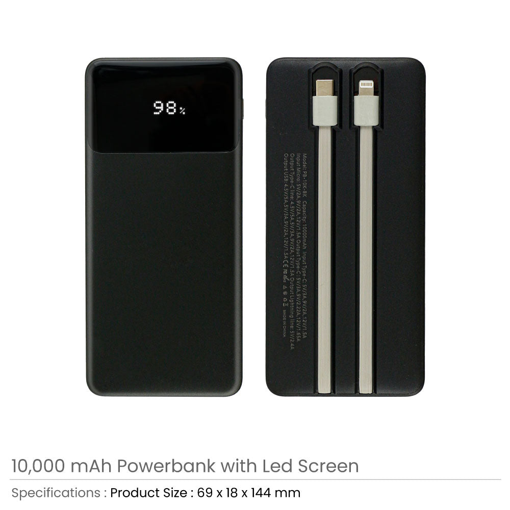 10,000 mAh Powerbank with LED Screen and Built-in Cables