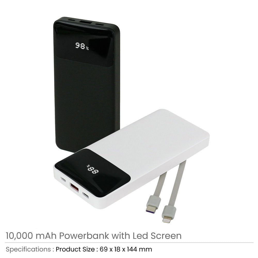 10,000 mAh Powerbank with LED Screen and Built-in Cables