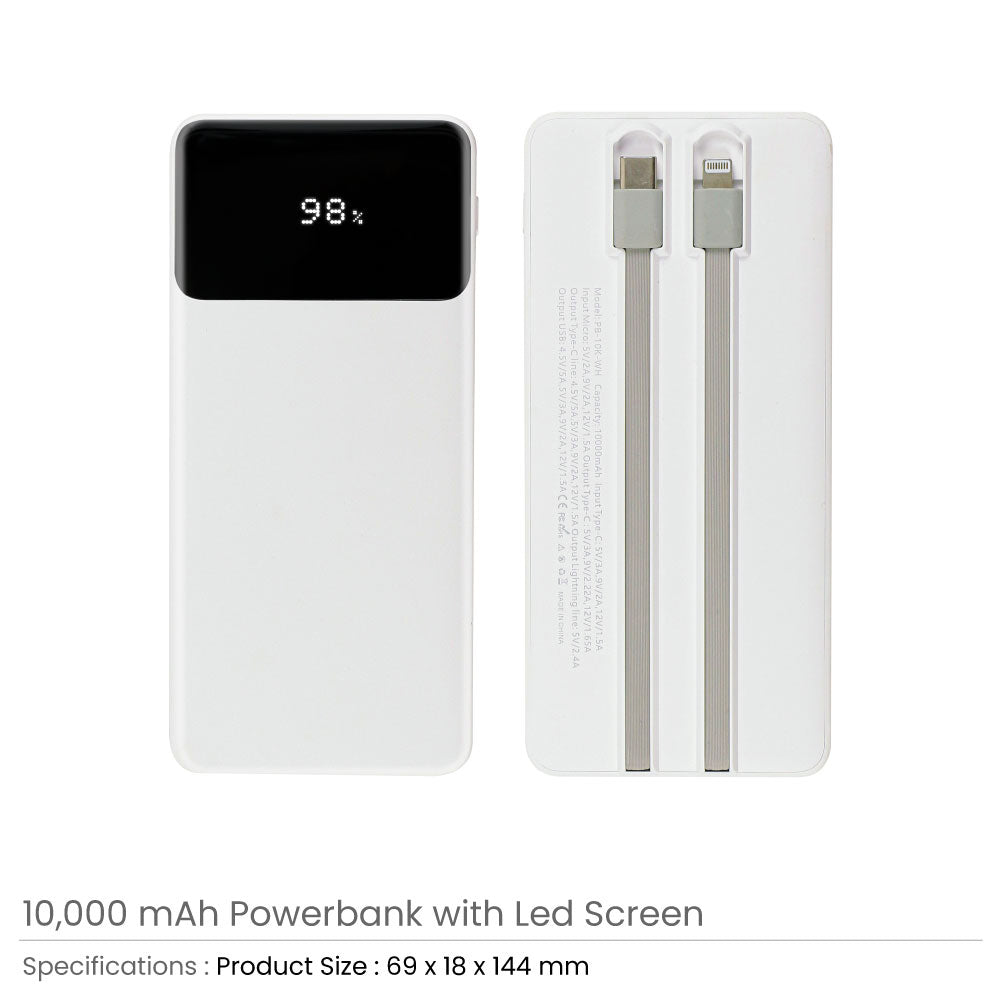10,000 mAh Powerbank with LED Screen and Built-in Cables