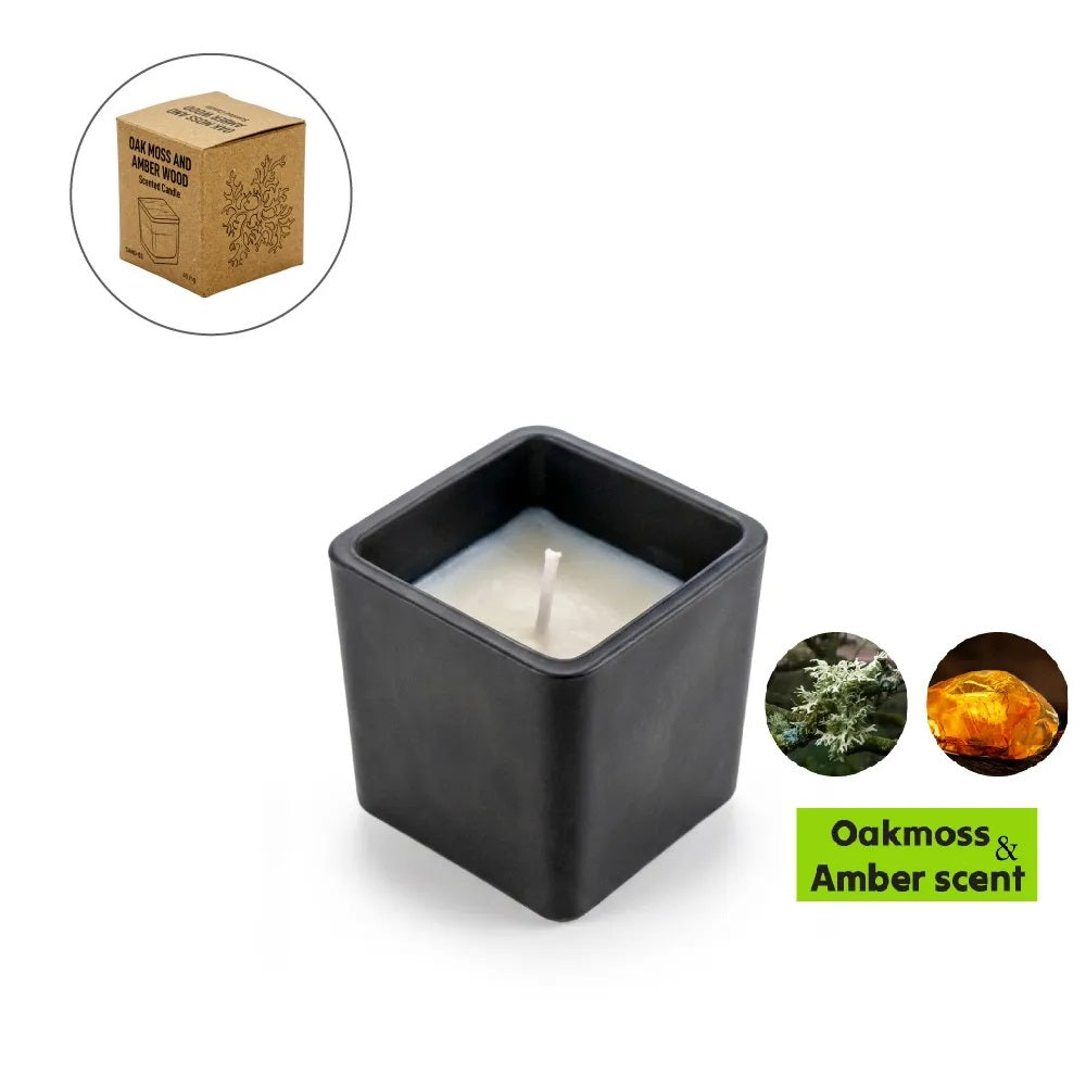 Scented Candle in Square Glass Bottle, Bamboo Lid, Oakmoss & Amber Scent