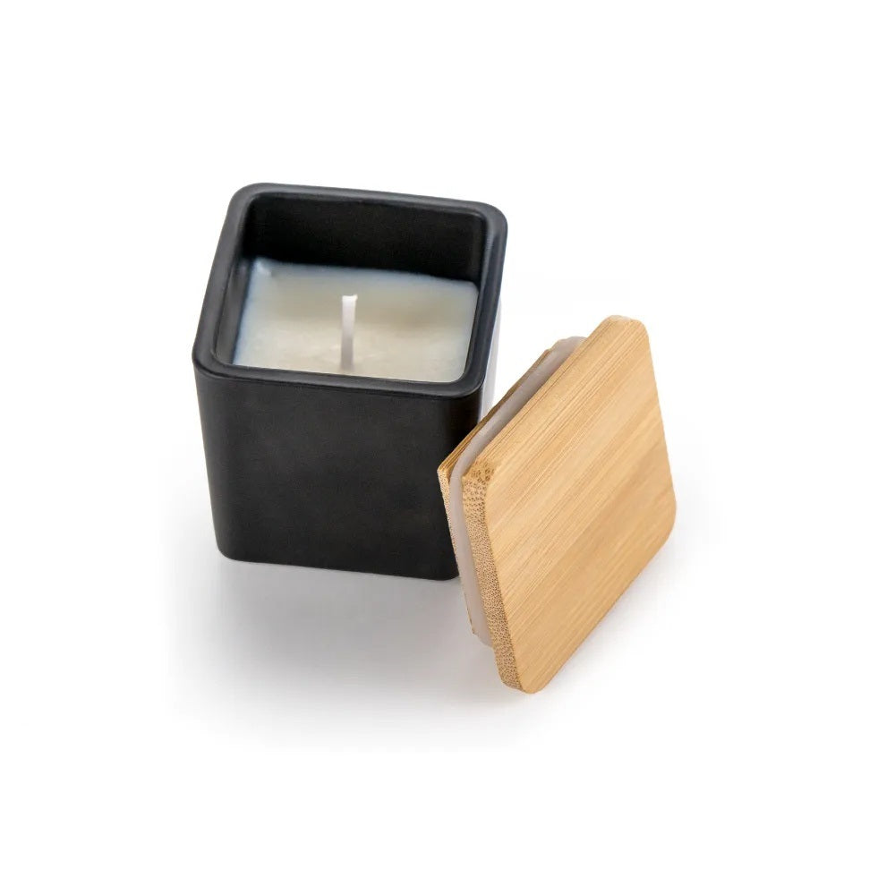 Scented Candle in Square Glass Bottle, Bamboo Lid, Oakmoss & Amber Scent